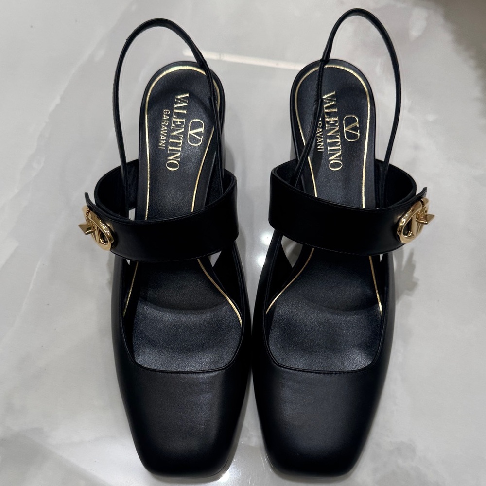 Valentino Black and Gold Slingback Heels